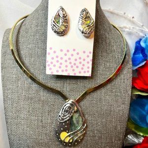 Oval Albacore and Silver Pendant on a Silver Choker with Matching Earrings.